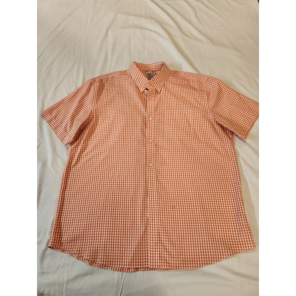 L.L. Bean Men's Orange Gingham Button-Up Shirt Size XL 100% Cotton Short‎ Sleeve